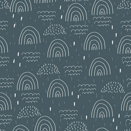seamless pattern with cartoon rainbows, abstract decor elements on a neutral background. colorful...