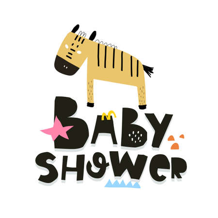 baby shower. Cartoon zebra, hand drawing lettering, decor elements. Colorful vector illustration for kids, flat style. baby design for card, print, poster, cover.のイラスト素材