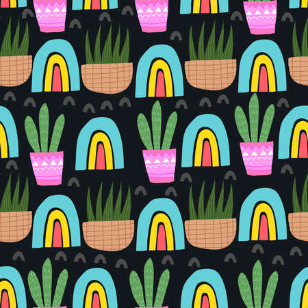 summer seamless pattern with cartoon plants, rainbow, decorative elements on a neutral background. colorful vector for kids, hand drawing flat style. baby design for fabric, print, textile, wrapperのイラスト素材