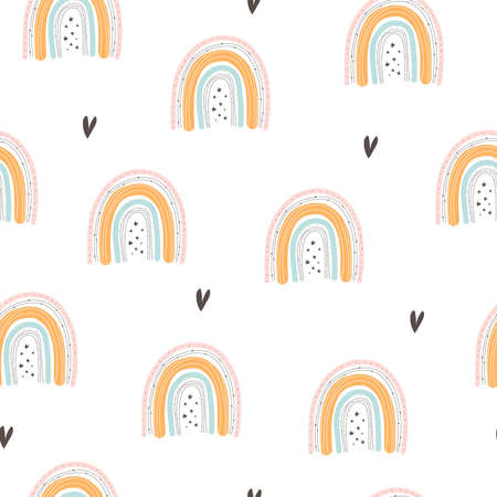 seamless pattern with cartoon rainbows, decor elements. colorful vector for kids. hand drawing, flat style. baby design for fabric, print, textile, wrapperのイラスト素材