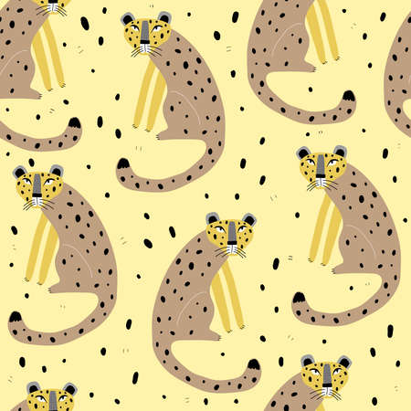 seamless pattern with cartoon leopards, decor elements on a neutral background. colorful vector for kids, flat style. Baby design for fabric, textile, print, wrapper.のイラスト素材