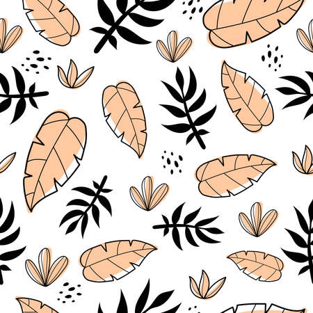 Seamless tropical pattern with leaves, decorative elements. Colorful vector, flat style. Jungle summer design for fabric, print, textile, wrapper.のイラスト素材