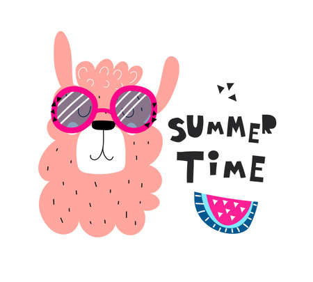 cartoon llama, hand drawing lettering, decor elements. Summer colorful vector illustration, flat style. design for cards, print, posters, logo, coverのイラスト素材