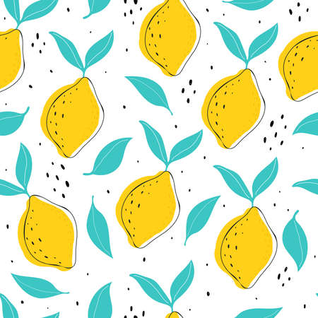 Seamless pattern with cartoon lemons, leaves, decor elements. vector flat style. hand drawing. design for fabric, textile, print, wrapperのイラスト素材
