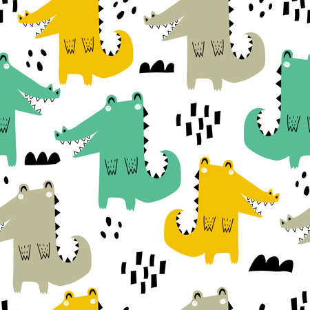 Seamless pattern with cartoon crocodiles, decor elements. colorful vector for kids. Animals. hand drawing, flat style. baby design for fabric, print, textile, wrapperのイラスト素材