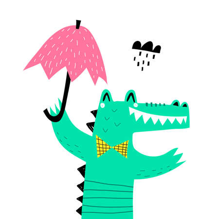 cartoon crocodile, umbrella, decorative elements. colorful vector illustration for kids, flat style. baby design for cards, print, posters, logo, coverのイラスト素材