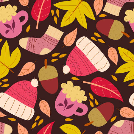 Seamless seasonal autumn vector pattern with theme elements on a neutral background. vector flat style. hand drawing. design for fabric, textile, print, wrapper.のイラスト素材