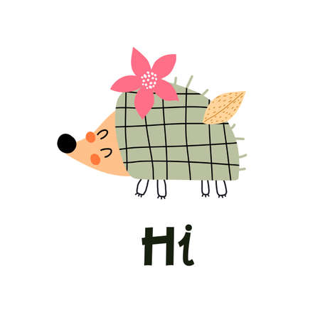 cartoon hedgehog, hand drawing lettering, decorative elements. colorful vector illustration for kids, flat style. Baby design for cards, t-shirt print, posterのイラスト素材