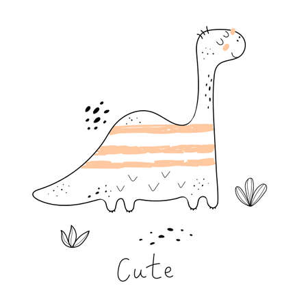 cartoon dinosaur, hand drawing lettering. flat style, colorful vector for kids. baby design for cards, poster decoration, t-shirt printのイラスト素材