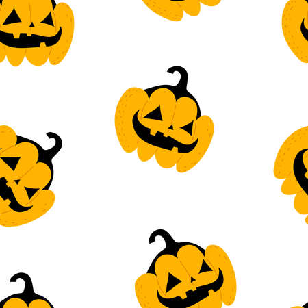 Halloween seamless pattern with cartoon pumpkins. Colorful vector flat style. holiday theme. hand drawing. design for fabric, print, wrapper, textileのイラスト素材