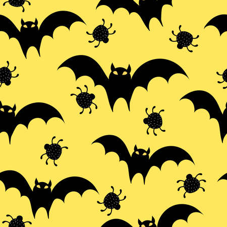 Halloween seamless pattern with cartoon bats, spider on a neutral background. Colorful vector flat style. holiday theme. hand drawing. design for fabric, print, wrapper, textileのイラスト素材