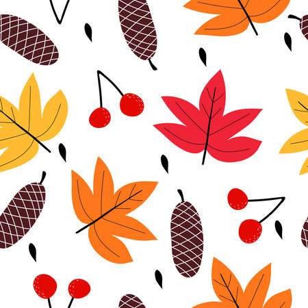 Autumn seamless pattern with leaves, twigs, fir-cones, decorative elements. season. vector flat style. hand drawing. design for fabric, textile, print, wrapperのイラスト素材