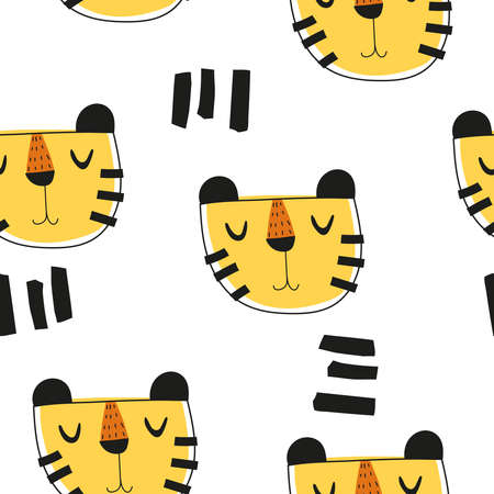 seamless pattern with cartoon tigers, decor elements. Colorful vector flat style for kids. Animals. hand drawing. baby design for fabric, print, wrapper, textileのイラスト素材