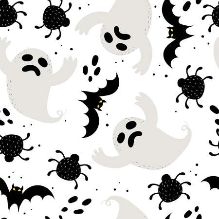 Halloween seamless pattern with cartoon ghost, bat, spider. Colorful vector flat style. holiday theme. hand drawing. design for fabric, print, wrapper, textileのイラスト素材