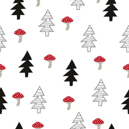 seamless pattern with spruce, mushrooms. Forest, simple flat. hand drawing. design for fabric,...