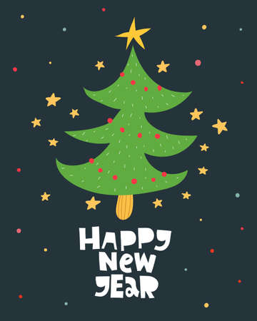 happy new year. cartoon Christmas tree, hand drawing lettering, decor elements on a neutral background. holiday theme. Colorful vector illustration, flat style. design for greeting cards, print, postのイラスト素材