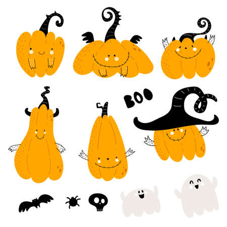Cartoon set with pumpkins, ghost, skull, bat, spider. Halloween. Colorful vector illustration, flat style. design for cards, print, posterのイラスト素材