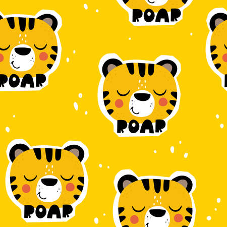 seamless pattern with cartoon tigers, hand drawing lettering, decor elements on a neutral background. Colorful vector flat style for kids. Animals. hand drawing. baby design for fabric, print, wrapperのイラスト素材