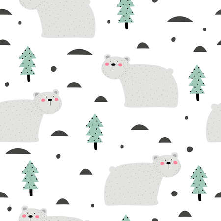Seamless pattern with cartoon bears, trees, decor elements. Colorful vector flat for kids. hand drawing. baby design for fabric, print, wrapper, textileのイラスト素材