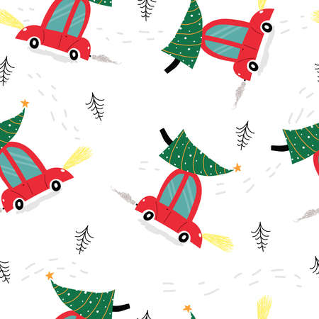 Seamless simple pattern with cartoon cars, christmas trees, decor elements. colorful vector. flat hand drawing. Baby design for fabric, print, gift wrapper.のイラスト素材