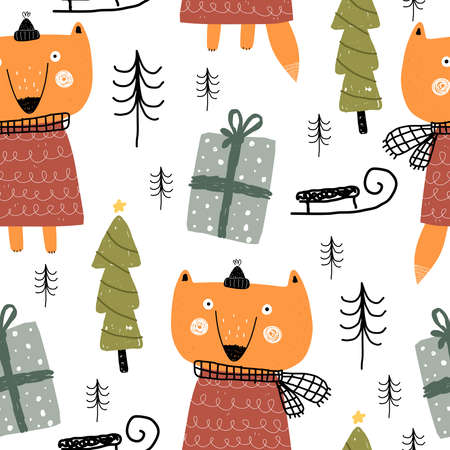 Seamless pattern with cartoon foxes, trees, decor elements. colorful vector for kids, flat style. hand drawing. animals. Baby design for fabric, textile, print, wrapper.のイラスト素材
