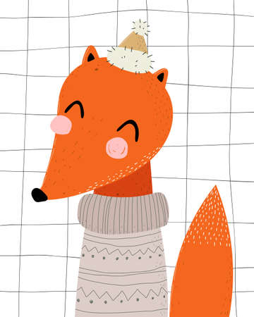 cartoon fox, decor elements. vector illustration, flat style. baby design for print, card, cover, posterのイラスト素材