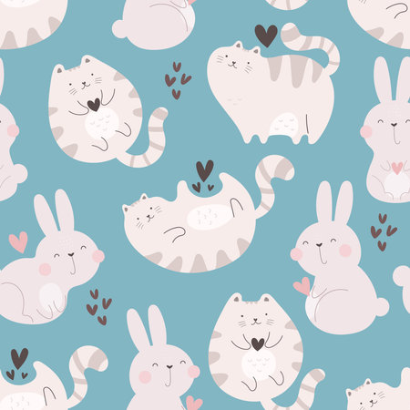 seamless pattern with cartoon animals, decor elements. Colorful vector flat for kids. hand drawing. baby design for fabric, print, wrapper, textileのイラスト素材