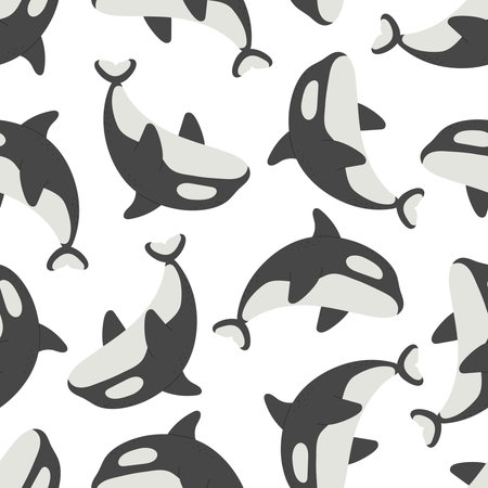 Seamless pattern with cartoon killer whale, decor elements. Colorful vector for kids, flat style....