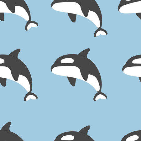Seamless pattern with cartoon killer whale, decor elements. Colorful vector for kids, flat style....