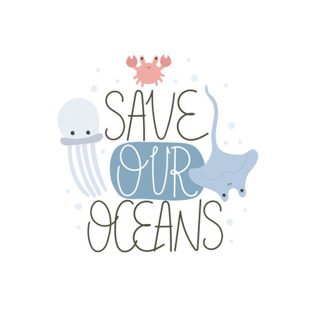 <p>save our oceans. cartoon jellyfish, stingray, crab, decor elements, hand drawing lettering. colorful vector illustration. stop plastic.</p>のイラスト素材