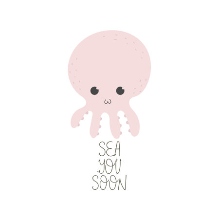 <p>sea you soon. cartoon octopus, decor elements, hand drawing lettering. colorful vector illustration. stop plastic.</p>のイラスト素材