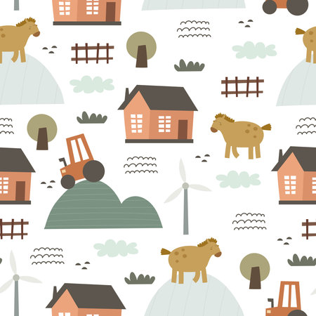 Seamless pattern with cartoon horse, house, tractor, tree, decor elements. Farm. Flat colorful vector for kids. hand drawing. animals. baby design for fabric, textile, wrapper, priのイラスト素材