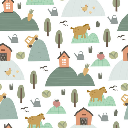 Seamless pattern with cartoon horse, house, car, tree, decor elements. Farm. Flat colorful vector for kids. hand drawing. animals. baby design for fabric, textile, wrapper, print.のイラスト素材