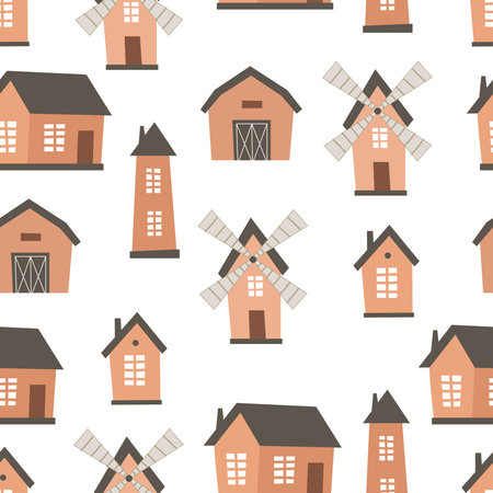 Seamless pattern with cartoon barn, mill, house. Farm. Flat colorful vector for kids. hand drawing. animals. baby design for fabric, textile, wrapper, print.のイラスト素材