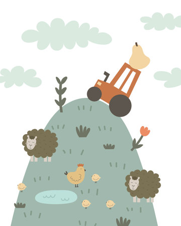 Cute cartoon farm landscape. Vector colorful illustration for kids, flat style. hand drawing. Baby design for cards, prints, postersのイラスト素材