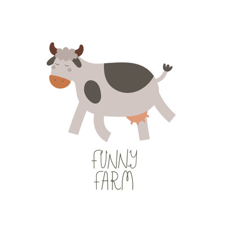 funny farm. Cartoon cow, hand drawing lettering. Farm. colorful vector illustration, flat style. design for print, greeting card, poster decoration, coverのイラスト素材