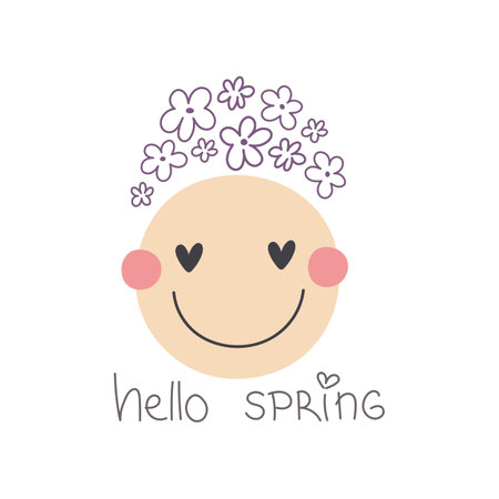 hello spring. Cartoon peace sign, flower, hand drawing lettering. retro style, vector illustration.. design for print, greeting card, poster decoration, coverのイラスト素材