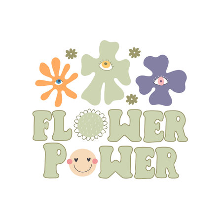 flower power. Cartoon flowers, peace sign, hand drawing lettering, decor elements. colorful vector illustration, retro style. design for cards, print, posters, logo, coverのイラスト素材