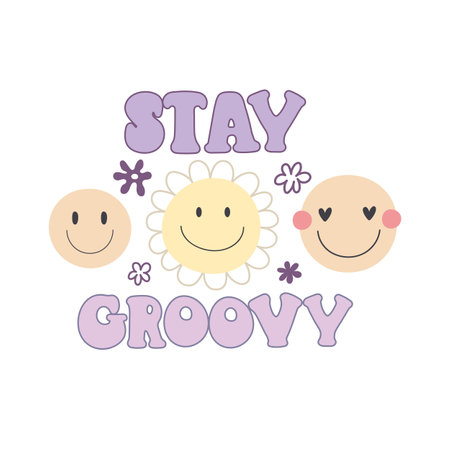 Stay groovy. Cartoon peace sign, flowers, hand drawing lettering, decor elements. colorful vector illustration, retro style. design for cards, print, posters, logo, coverのイラスト素材