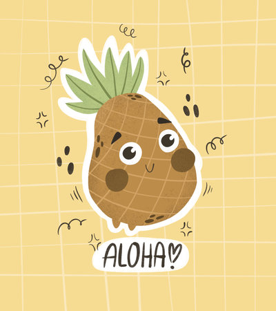 aloha. Cartoon pineapple, decor elements, hand drawing lettering. colorful summer tropical illustration, flat style. Doodle phrase. design for print, card, cover, posterの写真素材