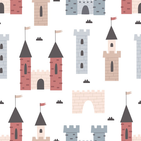 Seamless pattern with cartoon castle, decorative elements. Flat style colorful vector illustration for kids. hand drawing. baby design for fabric, textile, print, wrapper.の写真素材
