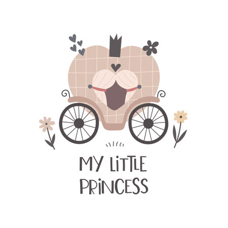 My little princess. cartoon coach, flowers, drawing lettering, decor elements. colorful vector illustration, flat style. design for cards, t-shirt print, posterのイラスト素材