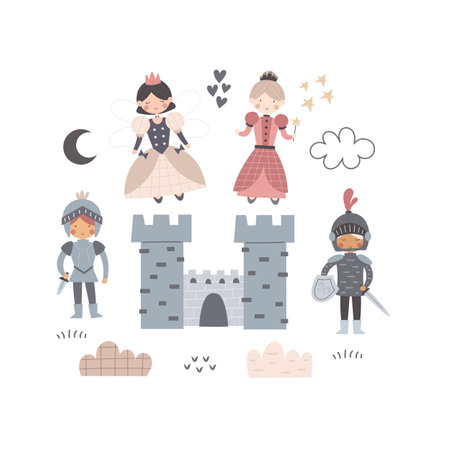 cartoon knight, princess, castle, decor elements. colorful vector illustration, flat style. design for cards, t-shirt print, posterのイラスト素材