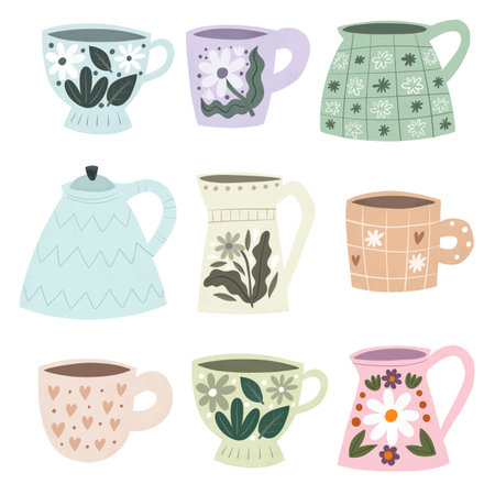 Cute set of cups and teapots. Colorful illustration, hand drawing. isolated on a white background. baby design for print, kids clothes, poster, postcardの写真素材