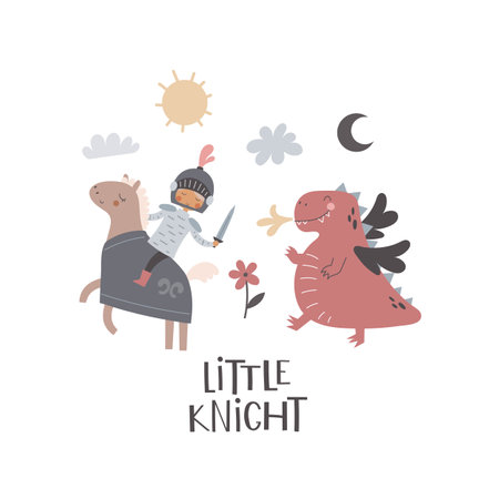 little knight. cartoon knight, dragon, drawing lettering, decor elements. colorful vector illustration, flat style. design for cards, t-shirt print, posterのイラスト素材