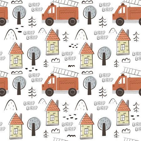 seamless pattern with cartoon fire engines, decor elements. Colorful illustration flat style for kids. hand drawing. baby design for fabric, print, wrapper, textileの写真素材