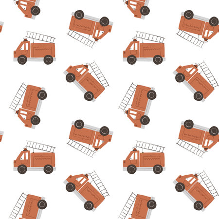 seamless pattern with cartoon fire engines. Colorful illustration flat style for kids. hand drawing. baby design for fabric, print, wrapper, textileの写真素材