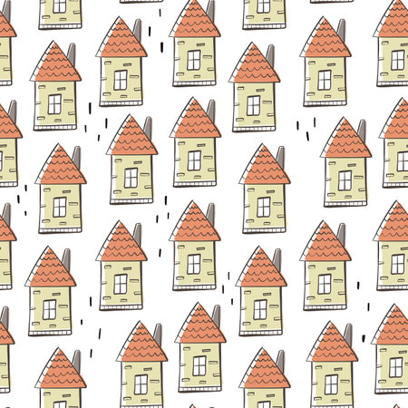 seamless pattern with cartoon houses, decor elements. flat style. Baby design for fabric, textile, print, wrapper.の写真素材