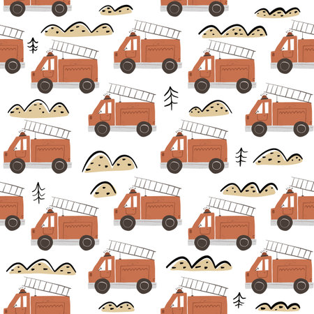 seamless pattern with cartoon fire engines, decor elements. flat style for kids. hand drawing. baby design for fabric, print, wrapper, textileの写真素材