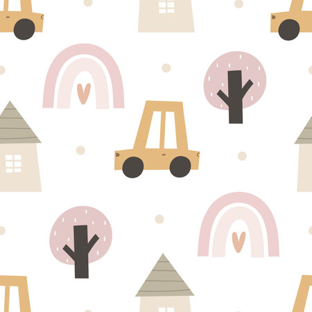 seamless pattern with cartoon houses, cars, trees, decor elements. colorful vector for kids, flat style. Baby design for fabric, textile, print, wrapper.のイラスト素材